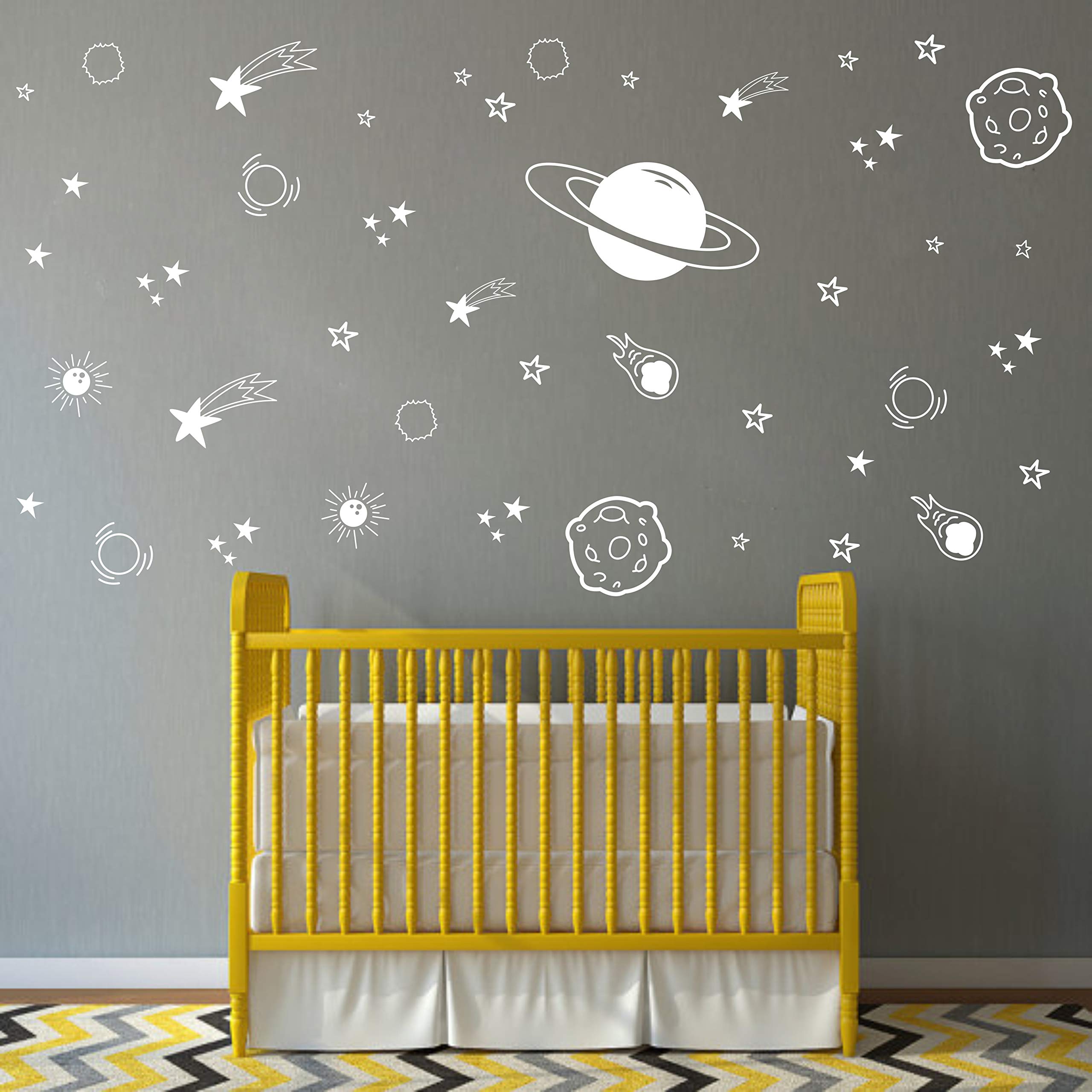 Outer Space Wall Decals for Boys Room - Planet & Star Vinyl Wall Stickers | Kids Bedroom Decor, Nursery Wall Art (White) - Perfect for Space-Themed Children's Bedrooms & Playrooms