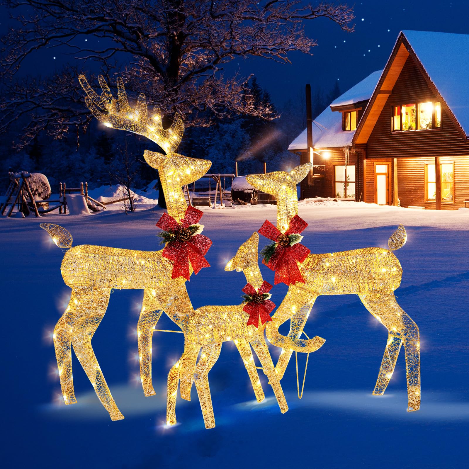 VINGLI Pre-lit LED Christmas Reindeer Family Set - 270 Warm White Lights, Weatherproof Outdoor Decor for Yard, Garden, and Indoor Holiday Decoration | Perfect for Christmas, Winter, and Holiday Season