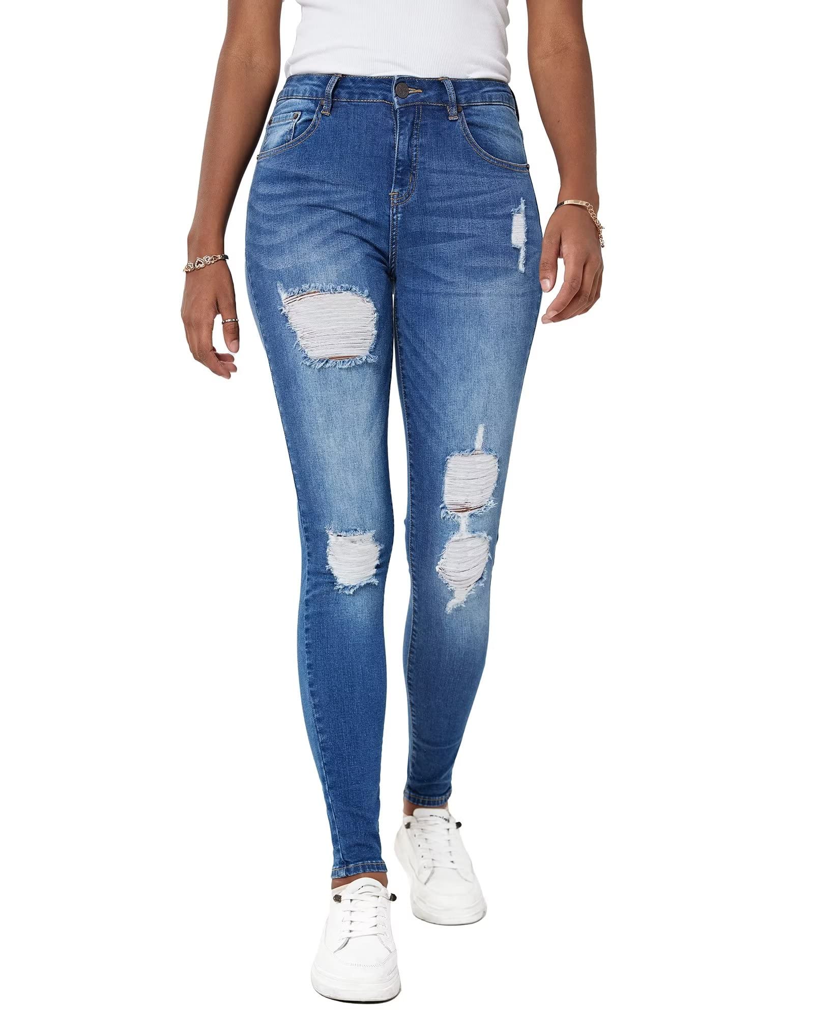 RHODANTHE Women's Ripped Boyfriend Jeans - Stretch Skinny Distressed Denim with Holes | Trendy Straight Leg Jeans for Casual Outfits & Streetwear Fashion