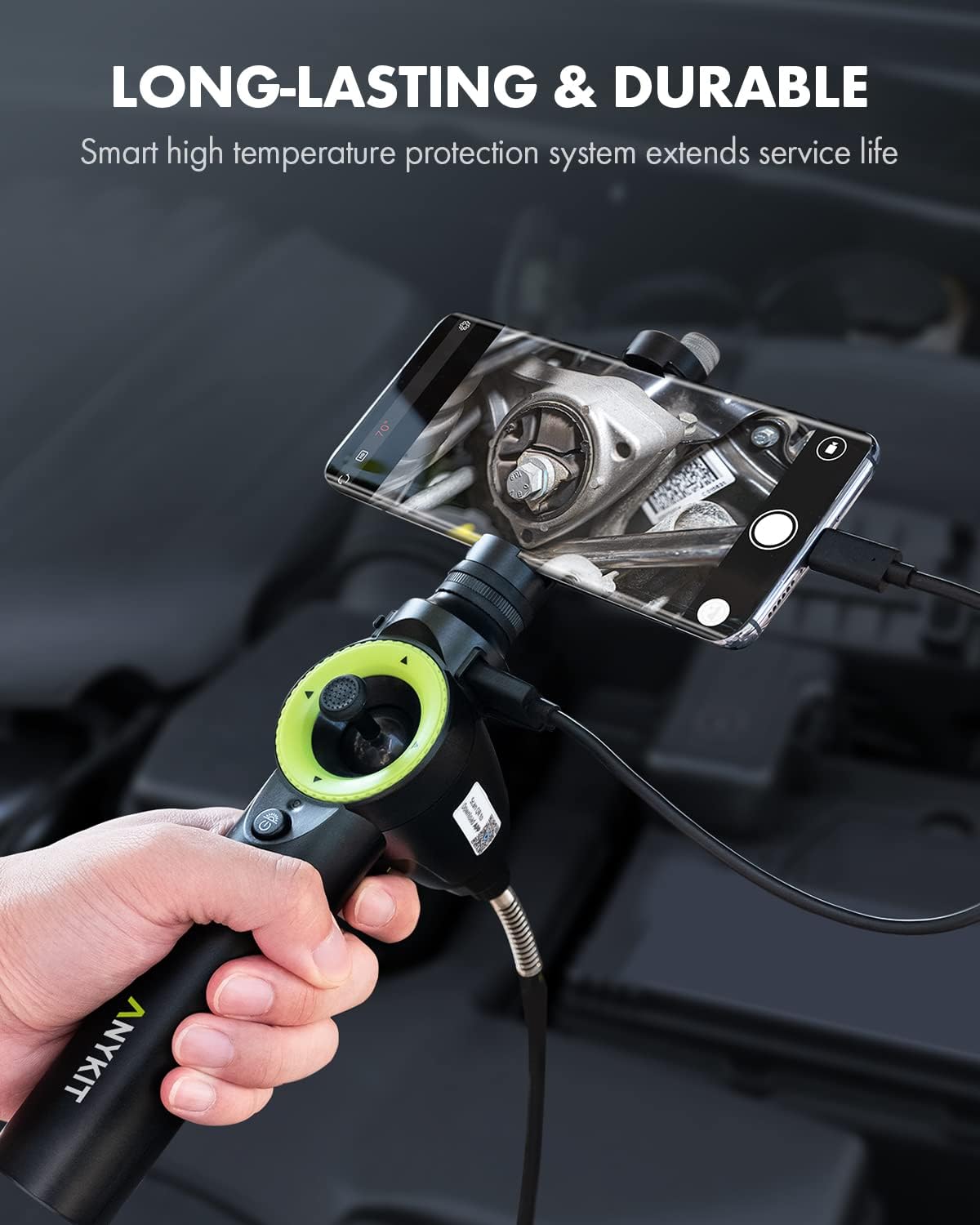 Anykit 360° 4-Way Articulating Borescope - 0.26in Flexible Snake Camera with 6 Adjustable LED Lights | Industrial Endoscope for Phone & Android (3.3ft) | Perfect for Plumbing, HVAC, Auto Repair & Home Inspection