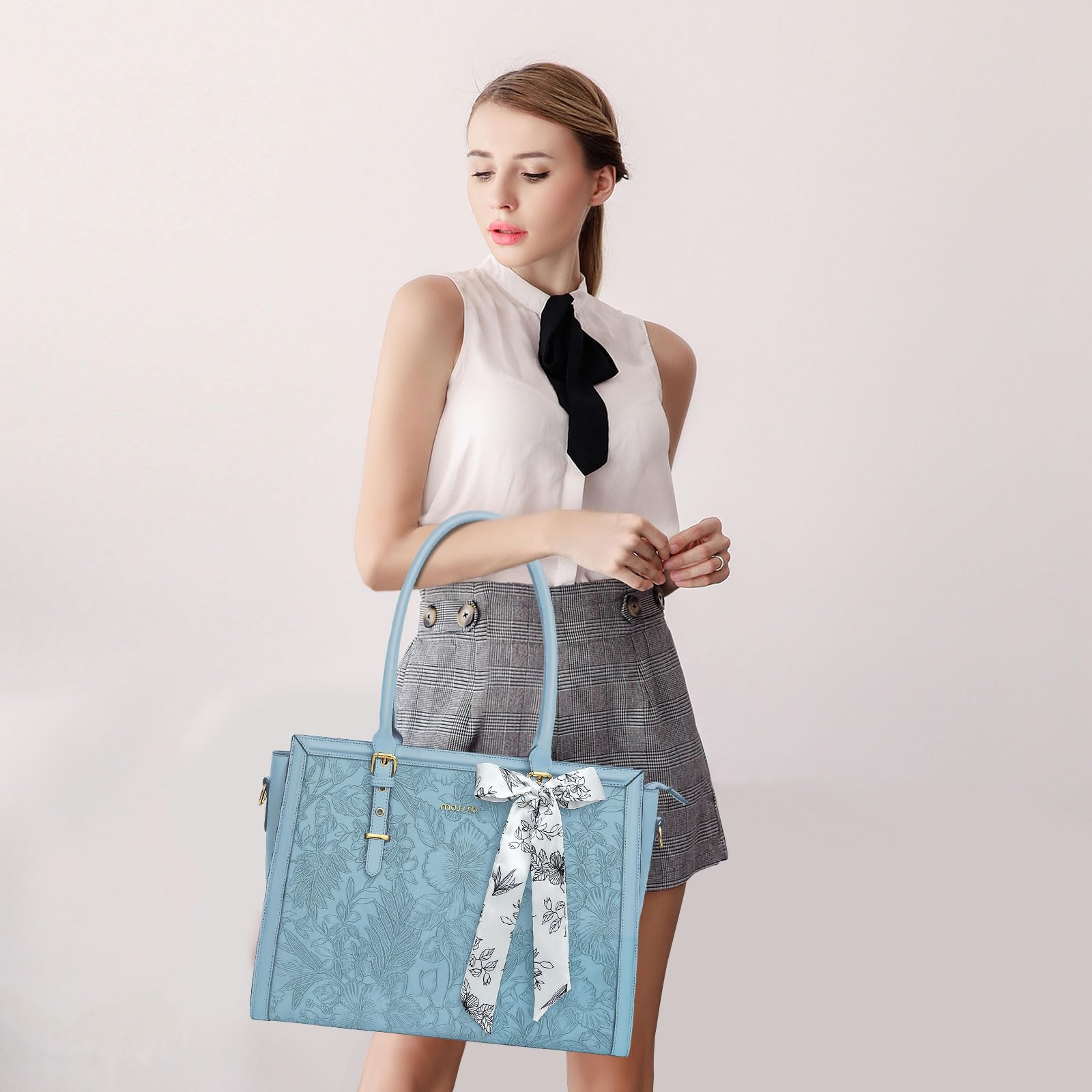 MOSISO 17-17.3 Inch Laptop Tote Bag for Women - PU Leather Computer Bag Compatible with MacBook Pro/Air, HP, Dell, Asus - Stylish Retro Hibiscus Design with Silk Scarf & Clutch Purse (Air Blue) - Perfect for Work, Travel & Business Meetings