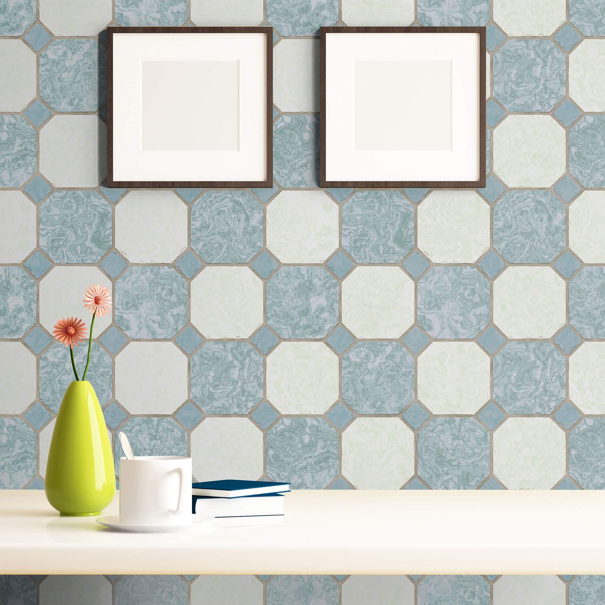 Beige and Blue Tile Pattern Peel and Stick Removable Wallpaper - Self-Adhesive Wall Tile Decals for Kitchen Backsplash, Bathroom, and Home Decor
