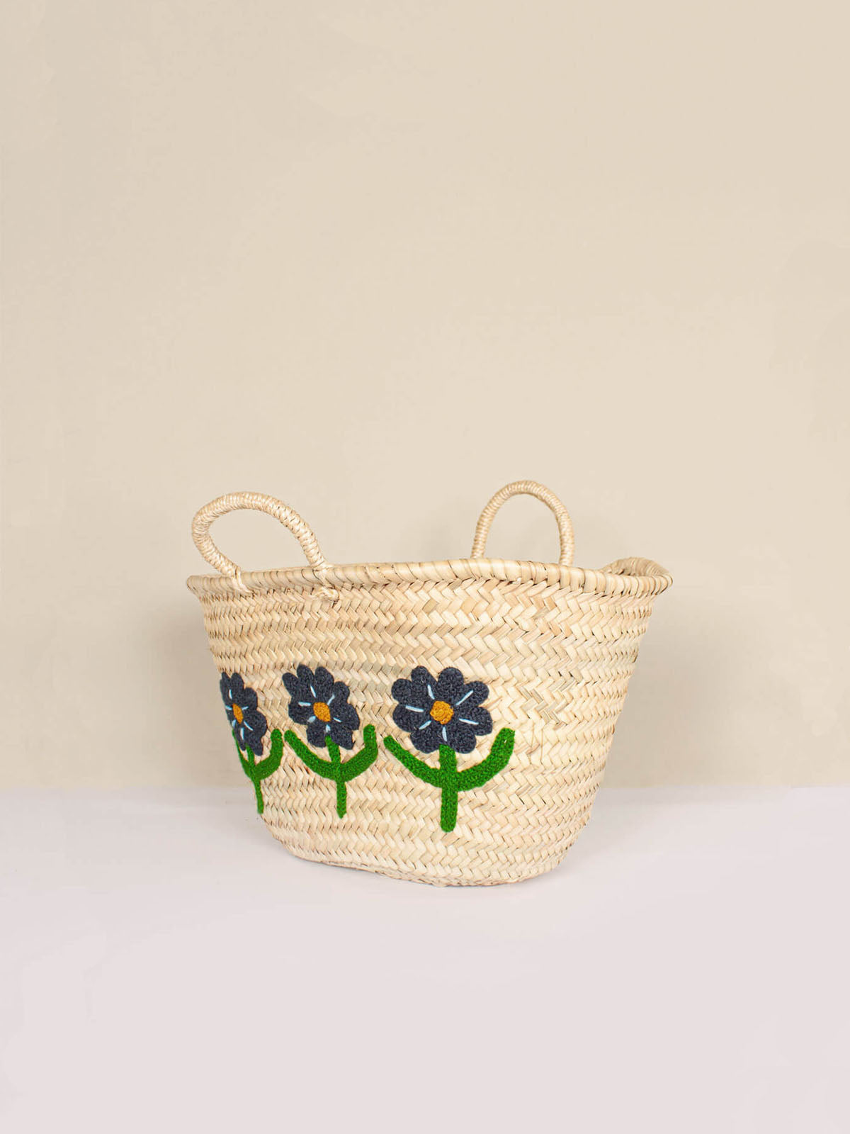 Hand Embroidered Daisy Market Basket - Cotton Woven Storage Basket for Picnics, Farmers Market, and Home Decor