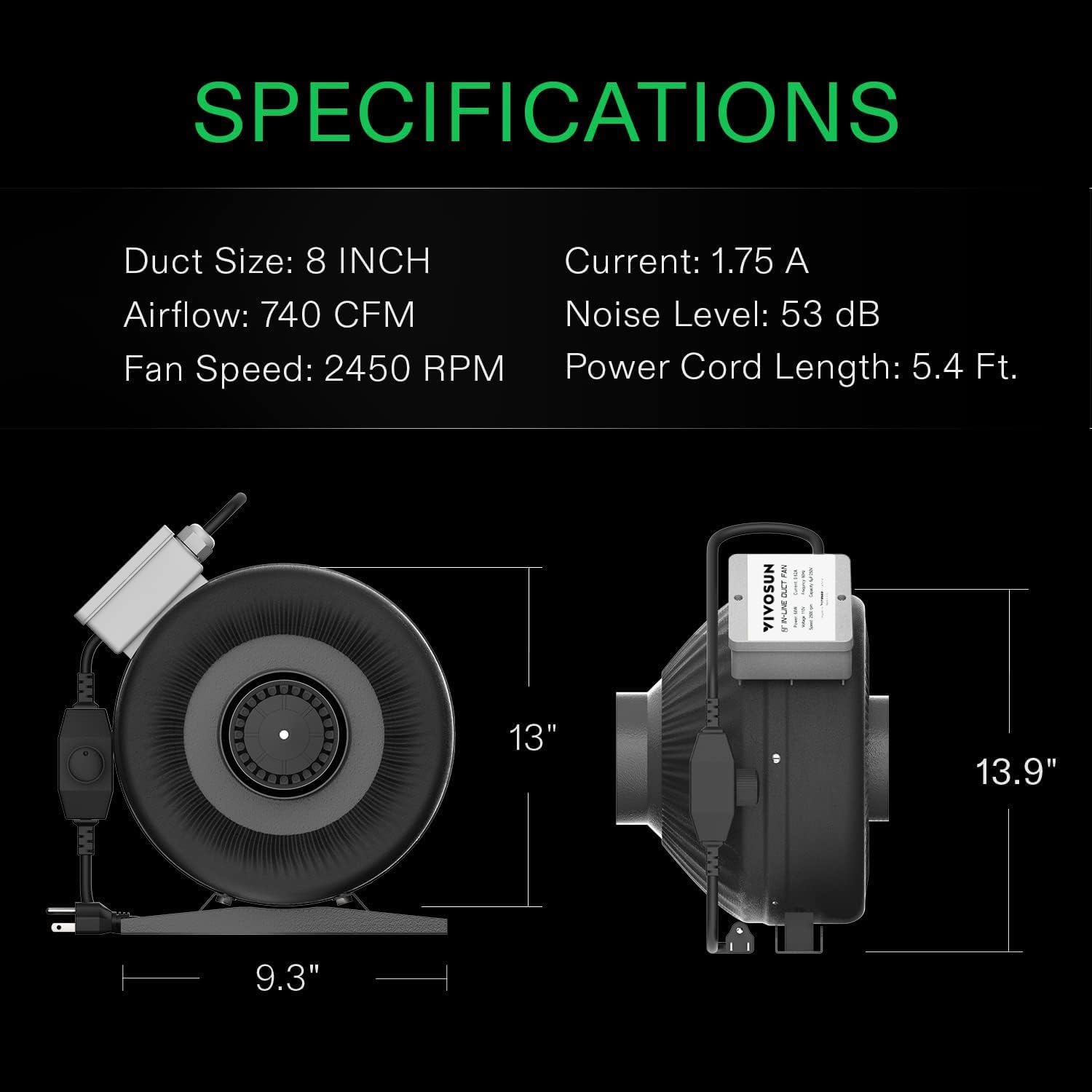 VIVOSUN Z8 8 Inch Inline Duct Fan, 740 CFM High-Power Ventilation Fan with Variable Speed Controller - Perfect for Grow Tents, Hydroponics, Indoor Gardens, Greenhouses & Home Ventilation Systems (Black)