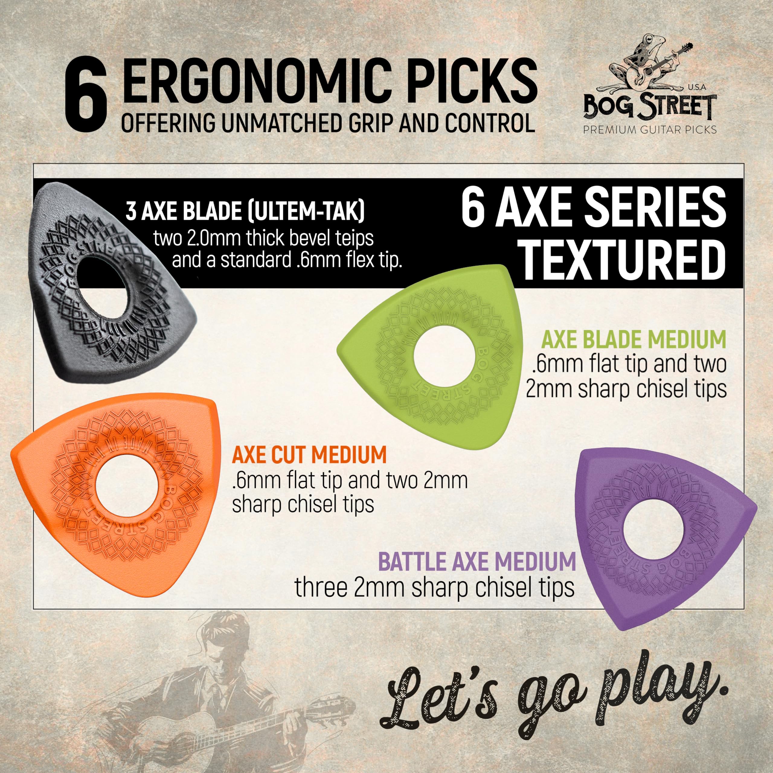 Bog Street Textured AXE Series Ergonomic Guitar Picks - Thin & Thick Pack of 6 (CUT, BLADE, BATTLE AXE) | Non-Slip Grip | Made in USA | Perfect for Rock, Metal & Acoustic Guitar Playing