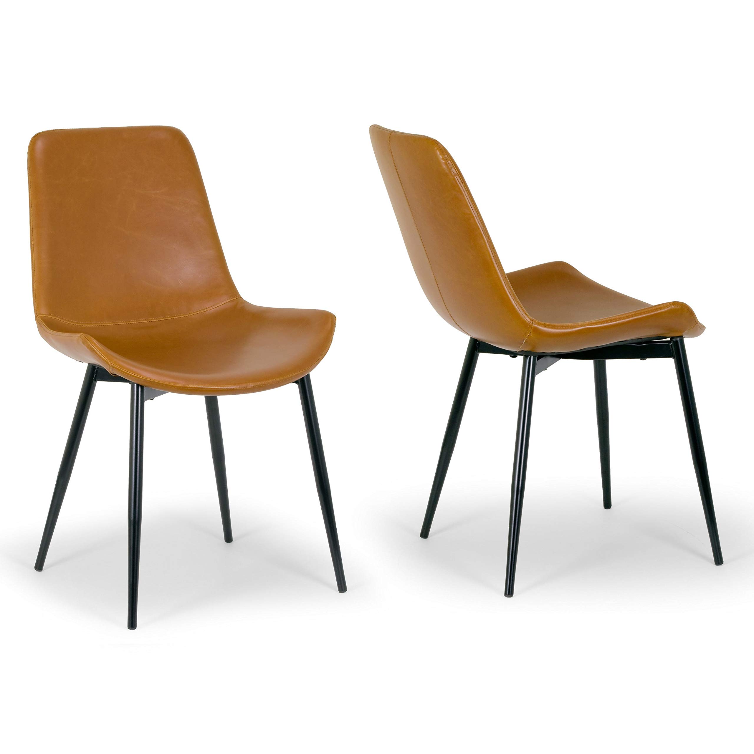 Caramel Brown Faux Leather Modern Dining Chairs (Set of 2) - Contemporary Upholstered Accent Chairs for Kitchen, Dining Room or Office - Waterproof & Easy to Clean