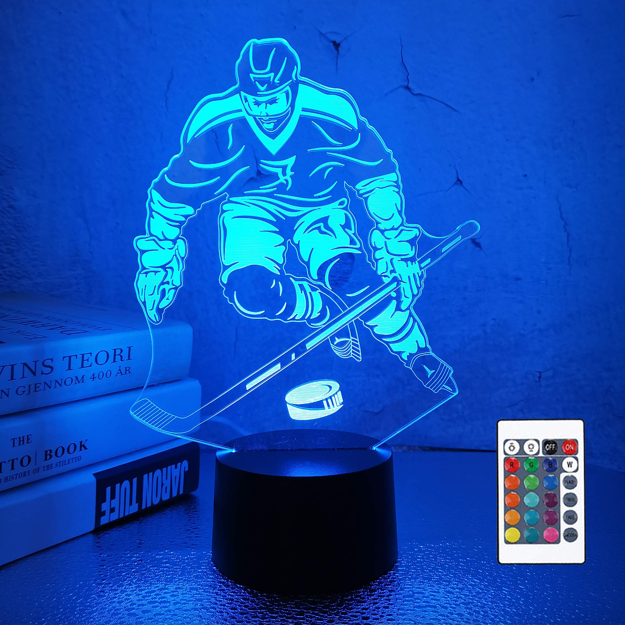 Fullosun 3D Illusion Ice Hockey Night Light for Kids - 16 Color Changing LED Lamp with Timer & Remote Control | Perfect Bedroom Decor for Boys, Toddlers & Sports Fans | Great Gift for Birthday & Christmas