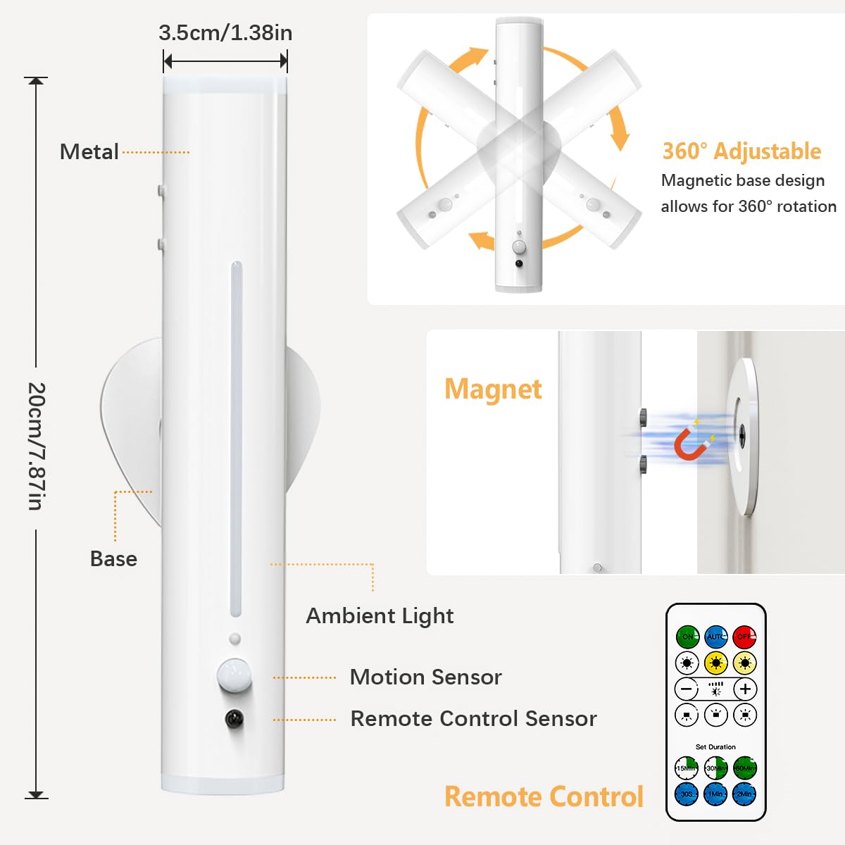 Rechargeable Motion Sensor Night Light - 3000mAh Wireless Wall Sconce, Magnetic Rotatable Cordless LED Lamp for Bedroom, Stairs, Hallway & Living Room - Home Decor & Safety Lighting Solution