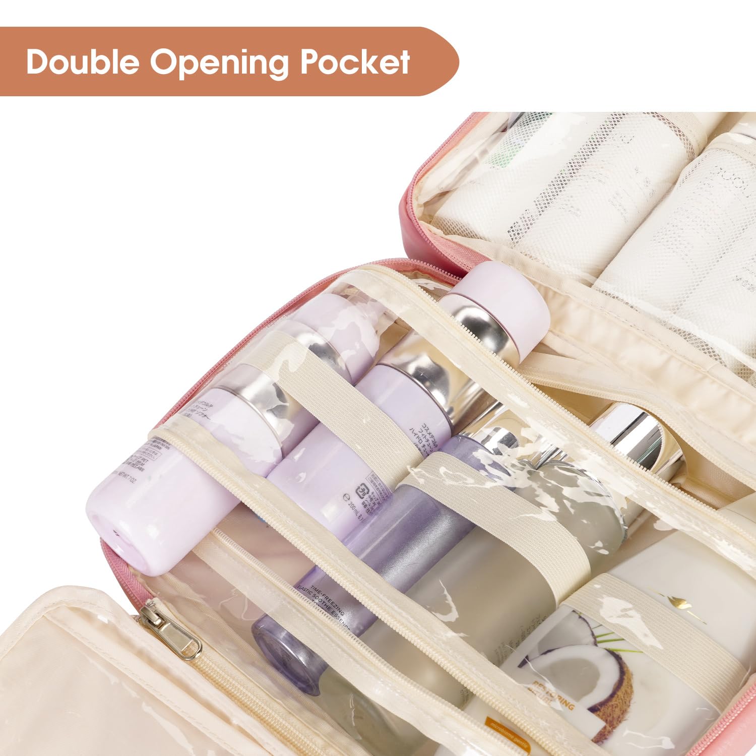 Waterproof Hanging Toiletry Bag for Women - Pink Travel Cosmetic Organizer with 4 Compartments for Makeup & Skincare