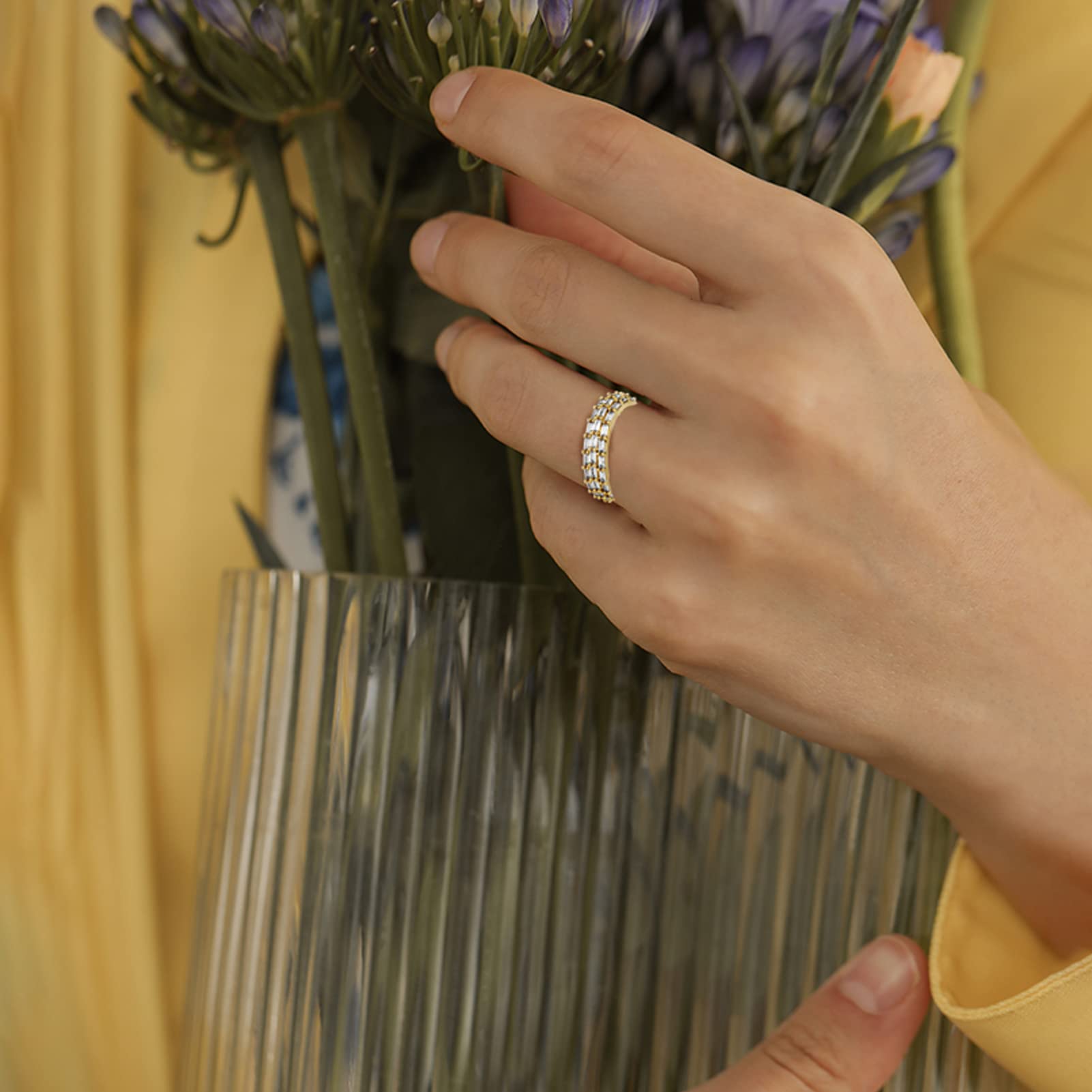 TOPGRILLZ 3 Rows Baguette Wedding Band Ring for Women - 18K Gold Plated Diamond Eternity Ring with 4 Prong Setting - Perfect Engagement, Anniversary & Bridal Jewelry Gift for Her
