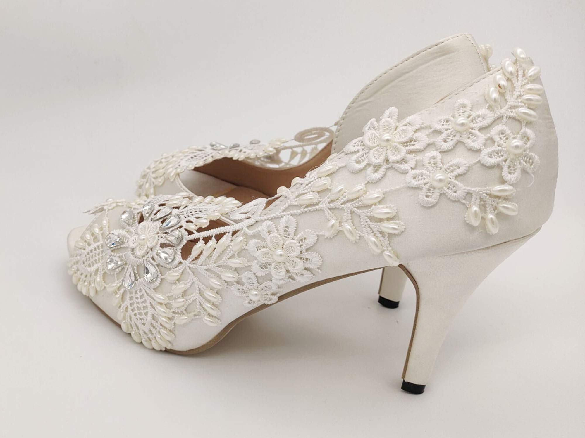 Elegant White Lace Wedding Heels for Women - Bridal High Heel Open Toe Shoes - Perfect for Bridal Showers, Weddings & Special Occasions