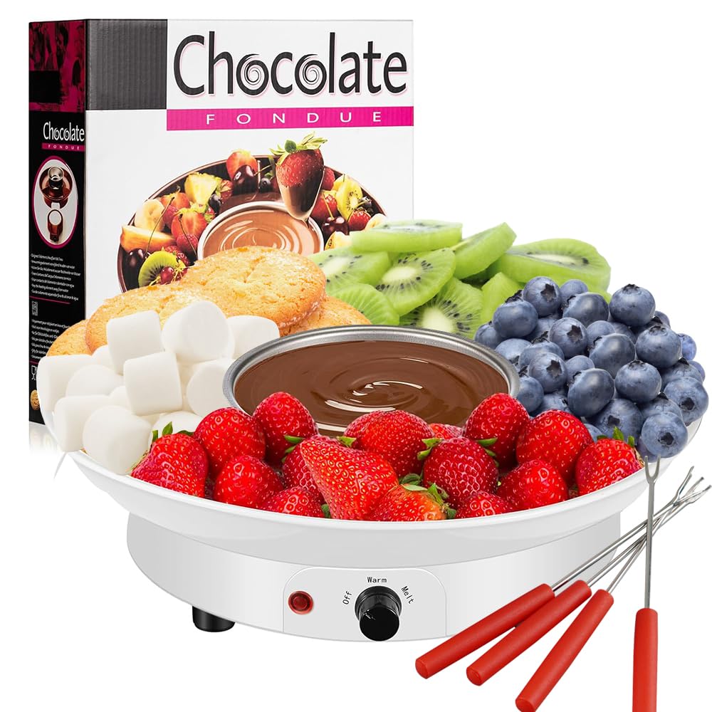 Premium 110V Electric Chocolate Fondue Maker Set with 4 Stainless Steel Forks & Serving Tray - Fast Melting for Parties, Valentine's Day & Family Dessert Nights