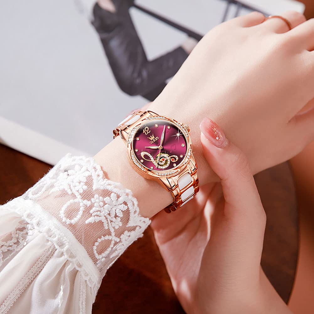OLEVS Women's Automatic Self-Winding Watch - Red Face Rose Gold Mechanical Diamond Dress Watch for Women, Waterproof & Battery-Free - Perfect for Office, Party & Special Occasions