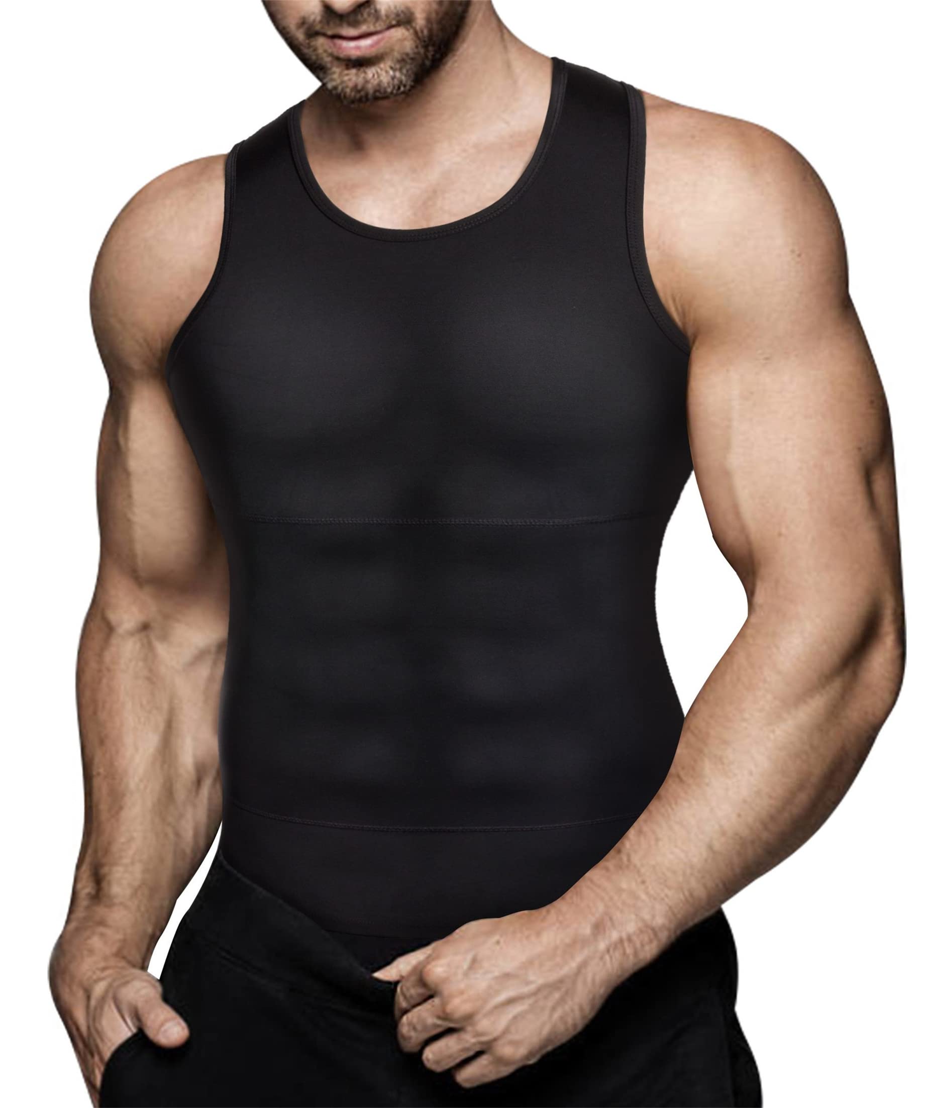 Men's Compression Shirt - Slimming Body Shaper Vest, Workout Tank Top for Abs & Abdomen - Gym, Running & Sports Performance Wear