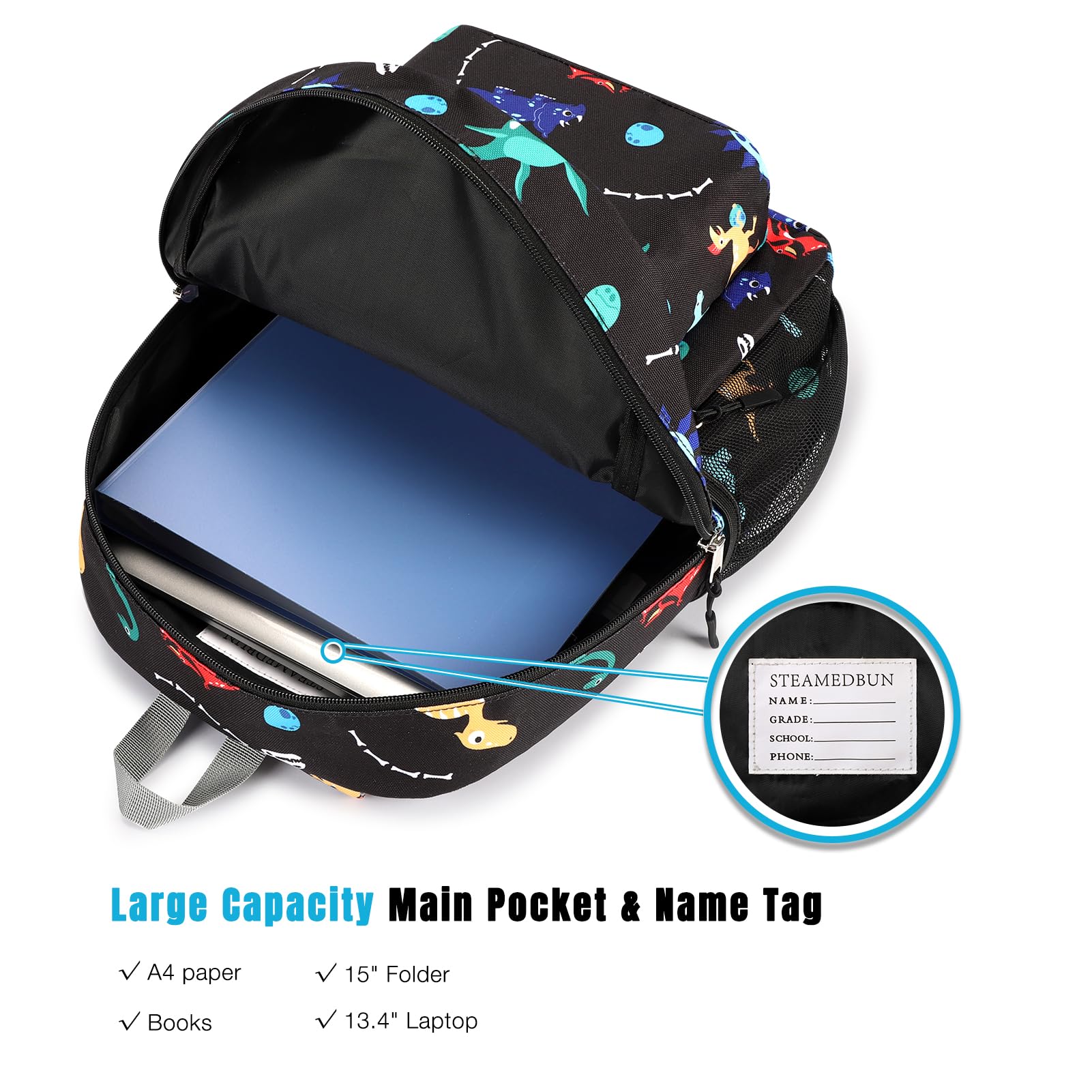 Dinosaur Backpack for Boys 4-8 Years | 15 Inch Kids School Backpack for Elementary & Kindergarten | STEAMEDBUN Durable Children's Backpack - Perfect for School, Travel & Daily Adventures