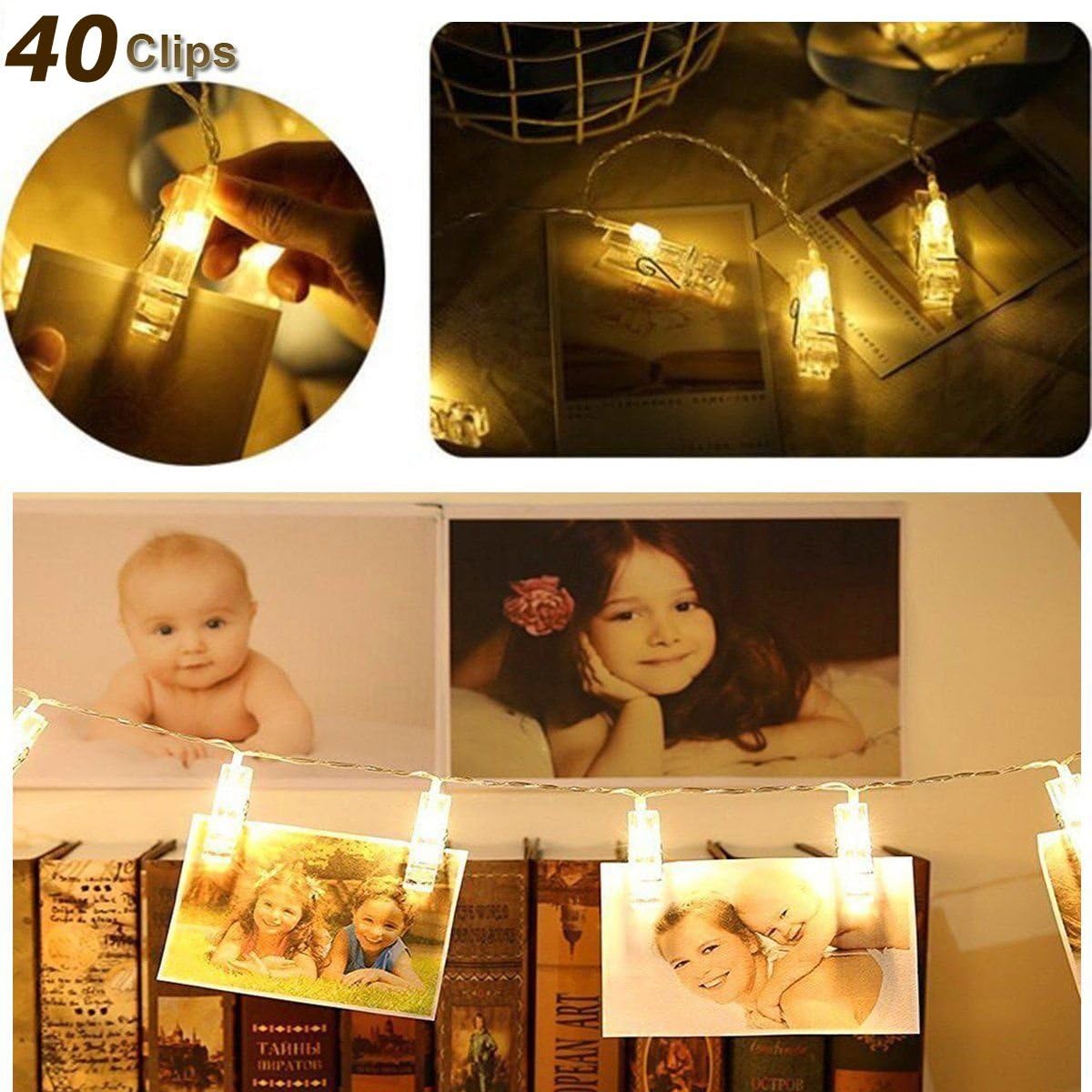 Exqline 40 LED Photo Clip String Lights - 5M Battery Powered Fairy Lights for Hanging Photos, Notes, Cards | Indoor Outdoor Christmas Decorations (Warm White) - Perfect for Bedroom, Wedding, Party & Wall Decor