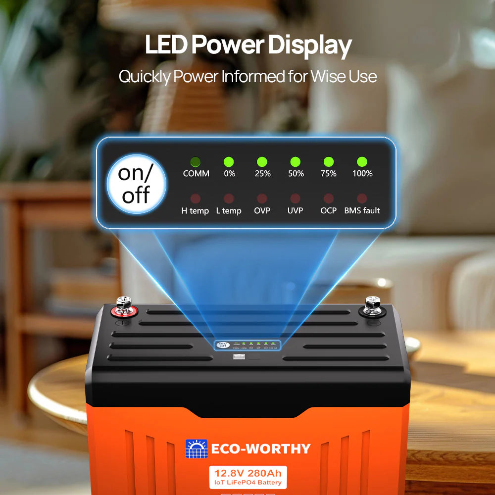 ECO WORTHY 12V 280AH LiFePO4 Deep Cycle Battery with SOC Indicator & Low Temperature Protection - Perfect for Solar Power Systems, RVs, Marine & Off-Grid Applications