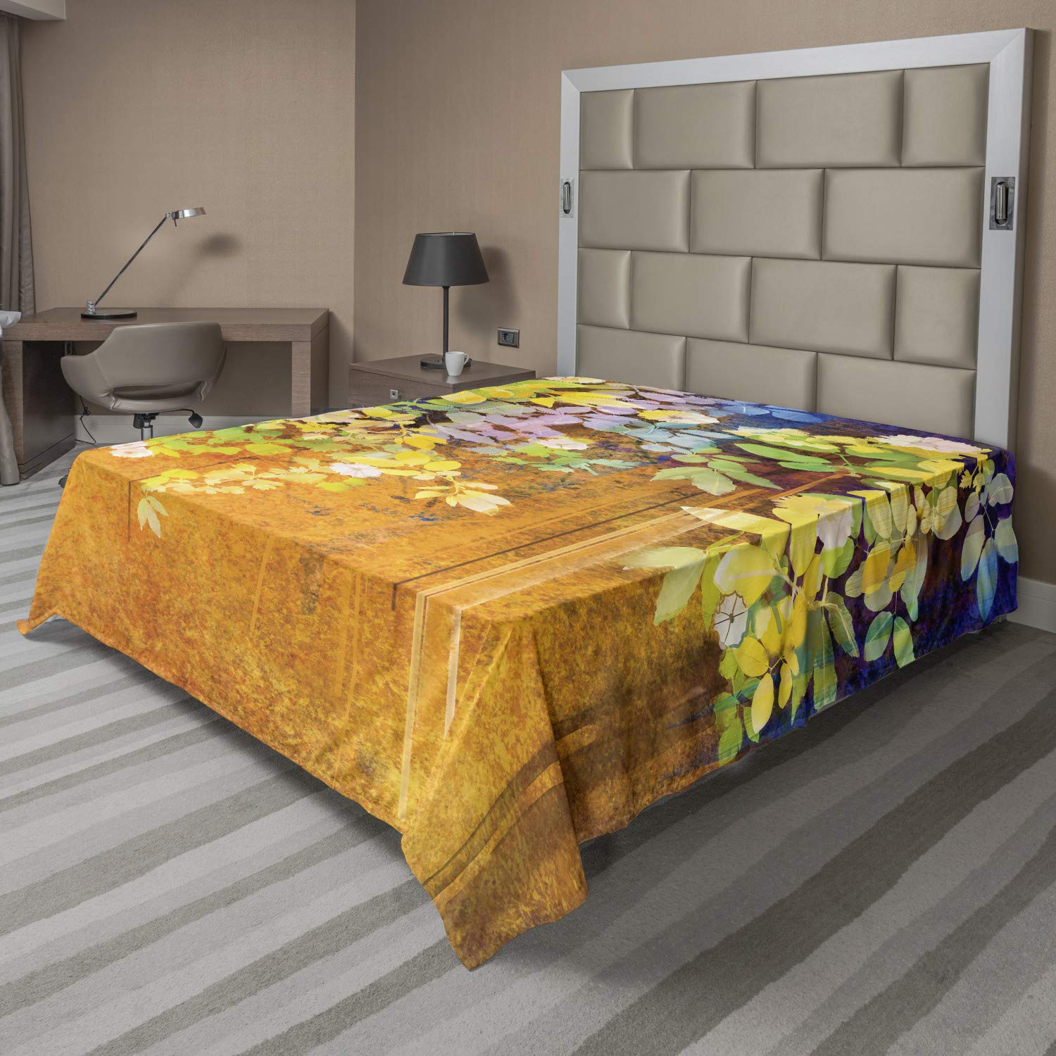 Ambesonne Watercolor Flower King Size Flat Sheet - Soft Colored Spring Flowers & Leaves on Misty Retro Backdrop - Nature Inspired Art Bedding - Ultra Soft & Comfortable Top Sheet for Bedroom Decor - Perfect for Spring Bedding Refresh, Guest Room Makeover or Bohemian Style Home Decor
