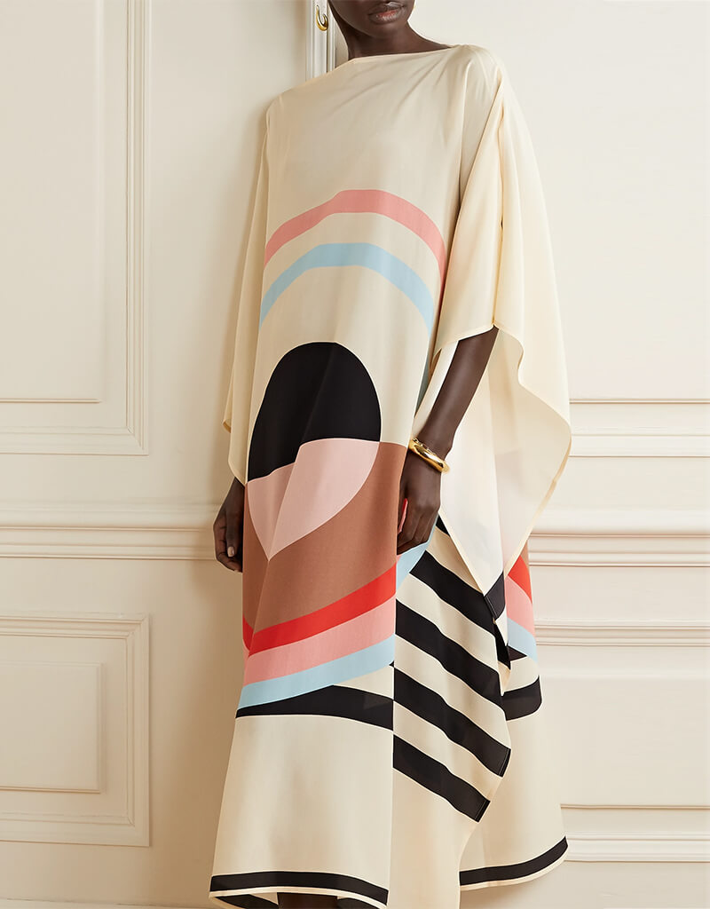 Luxury Soft Silk Crepe Kaftan Dress for Women - Elegant Beige Long Sleeve Maxi Cover Up - Perfect for Beach, Resort, Vacation & Special Occasions