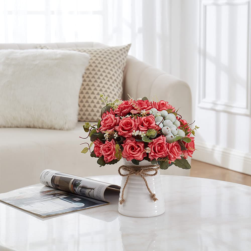 Artificial Silk Roses in Vase - Rustic Floral Table Centerpiece for Home, Kitchen & Room Decor | Perfect for Weddings, Parties & Farmhouse Style Decorations