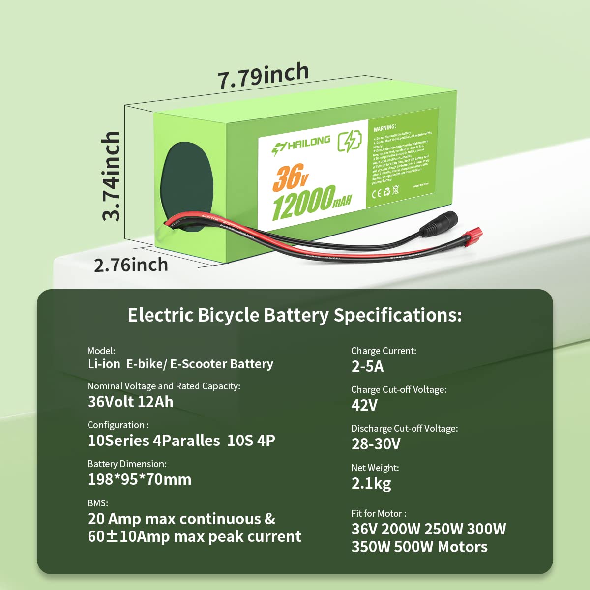 36V 12Ah Lithium Ion Ebike Battery with 42V 2A Charger - T-Plug XT60 Connector, 20A BMS, Waterproof Shrink Film (200W-750W) - Perfect for Electric Bikes, Scooters & Commuting