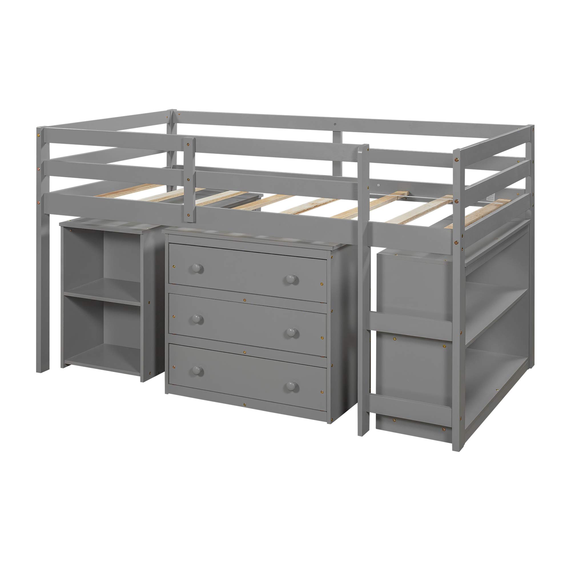 Danxee Loft Storage Bed with Spacious Shelves & Rolling Desk - Space Saving Bed Frame with Cabinet Storage, Multiple Finishes (Gray) - Perfect for Small Apartments, Dorms & Kids Rooms