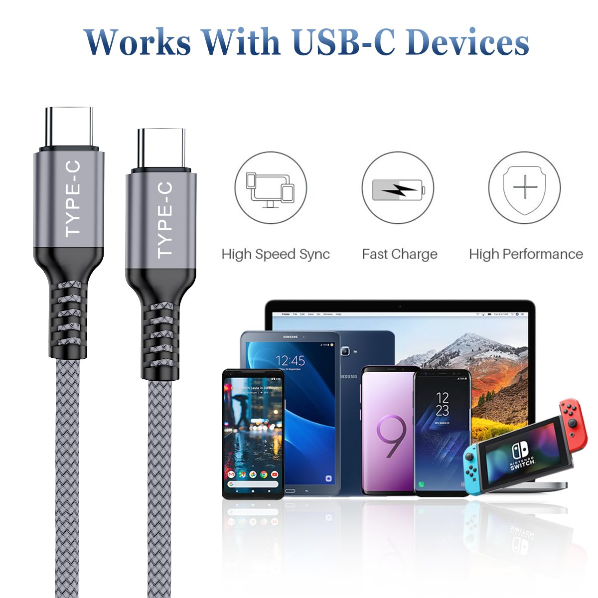 Basesailor 2-Pack 15ft USB C to USB C Cable 100W Fast Charging PD Cord for MacBook, iPhone 16/15, iPad Pro/Air/Mini, Galaxy S24/S23/S22, Pixel - Perfect for Home, Office & Travel Charging