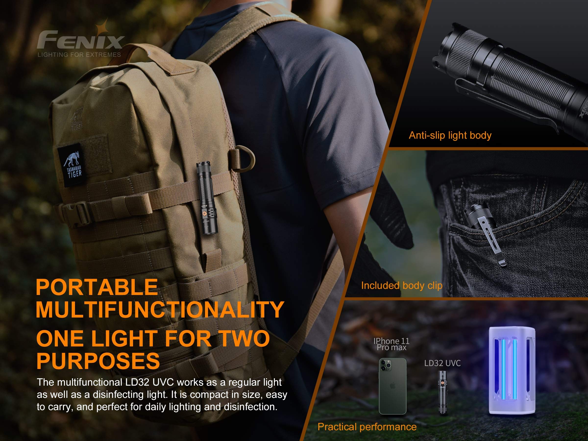 Fenix LD32 UVC 1200 Lumen USB Rechargeable LED Flashlight with Built-in UV-C Light - Includes EdisonBright Battery & Carrying Case - Perfect for Camping, Hiking, Emergency Preparedness & Disinfection