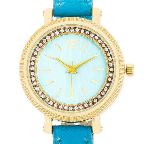 Georgia Gold Crystal Watch with Turquoise Leather Strap - Elegant Women's Fashion Watch for Daily Wear, Office & Special Occasions