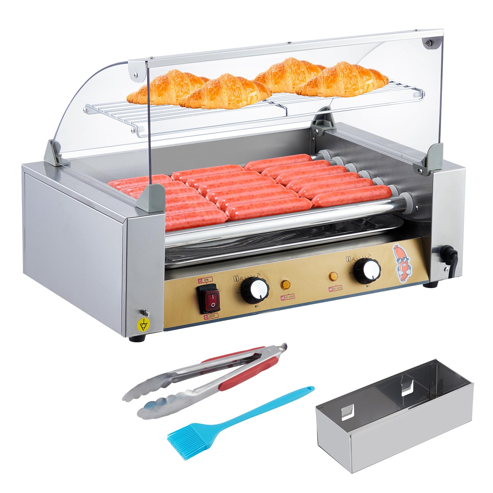 18 Hot Dog Roller with Bun Warmer - 1050W Commercial Grade Hot Dog Machine with 7 Stainless Steel Rollers, Dual Temperature Control, PC Hood Shelf & Removable Oil Drip Tray - Perfect for Restaurants, Food Trucks, Carnivals and Home Use