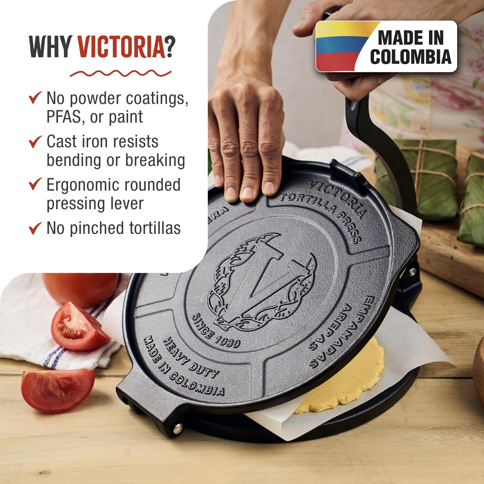 10-Inch Cast Iron Tortilla Press - Heavy Duty Commercial Grade for Tortillas, Roti, Arepas & Flatbreads - Pre-Seasoned with Flaxseed Oil - Made in Colombia - Perfect for Home Kitchens & Restaurants