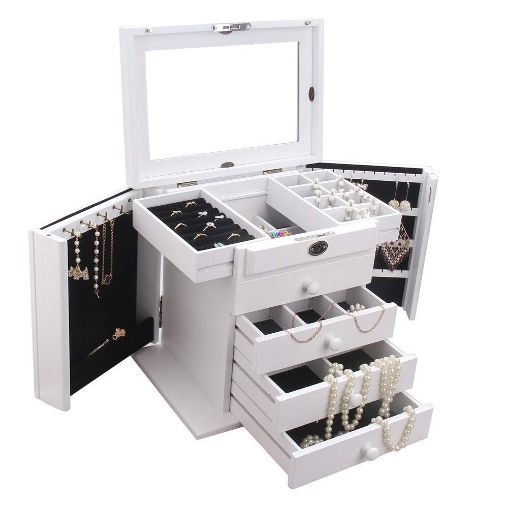 White Wooden Jewelry Storage Box with Lock - Travel Jewelry Organizer Case for Women & Girls - Perfect Gift for Birthdays, Anniversaries, Travel & Home Organization