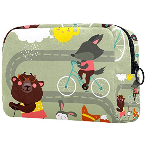 Travel Makeup Bag for Women - Black Cosmetic Case with Cartoon Fox Bear Rabbit for Travel & Gifts