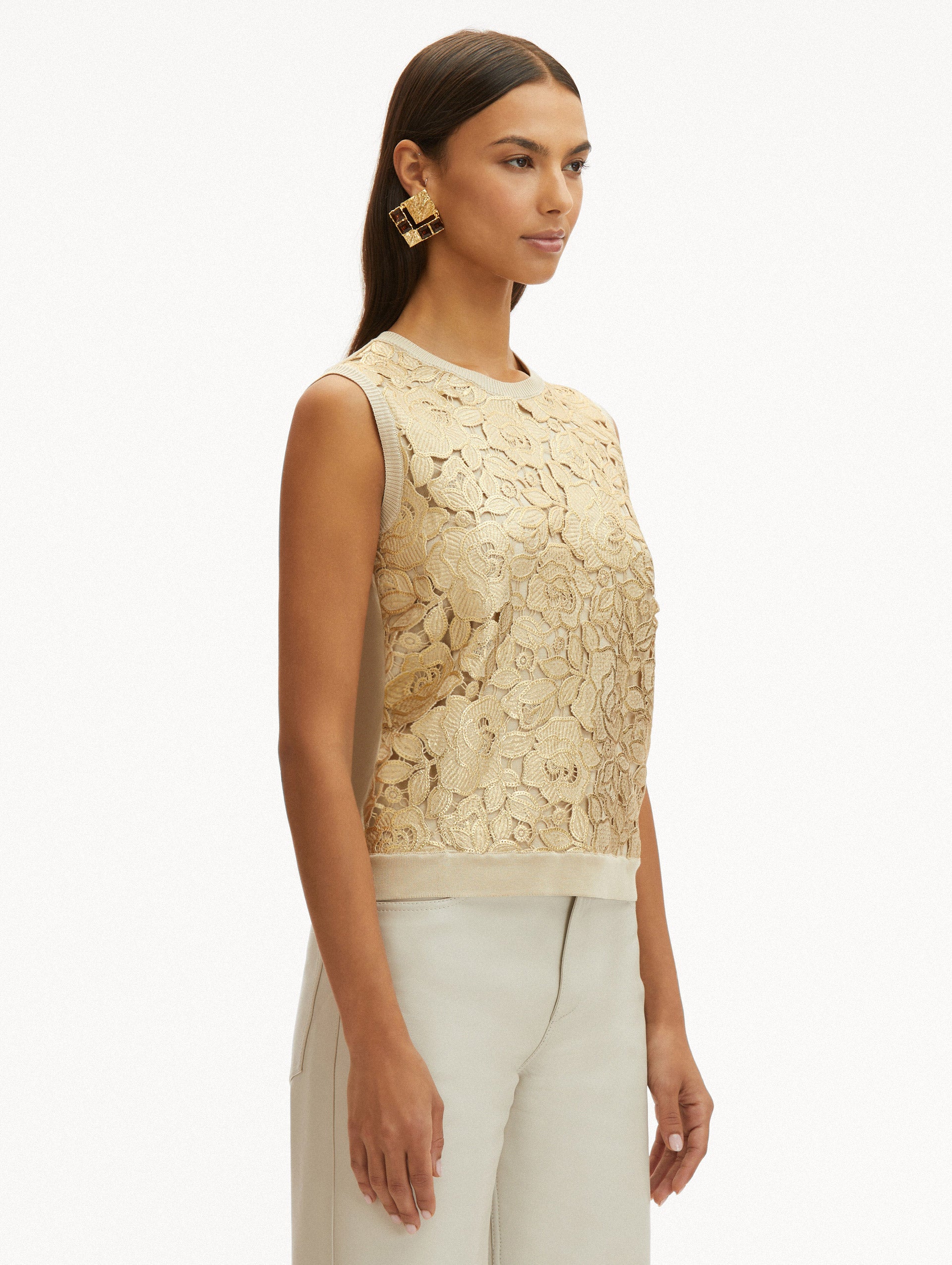 Elegant Gold Foil English Rose Inset Tank Top - Women's Vintage Floral Blouse for Casual Wear, Date Night & Summer Outfits