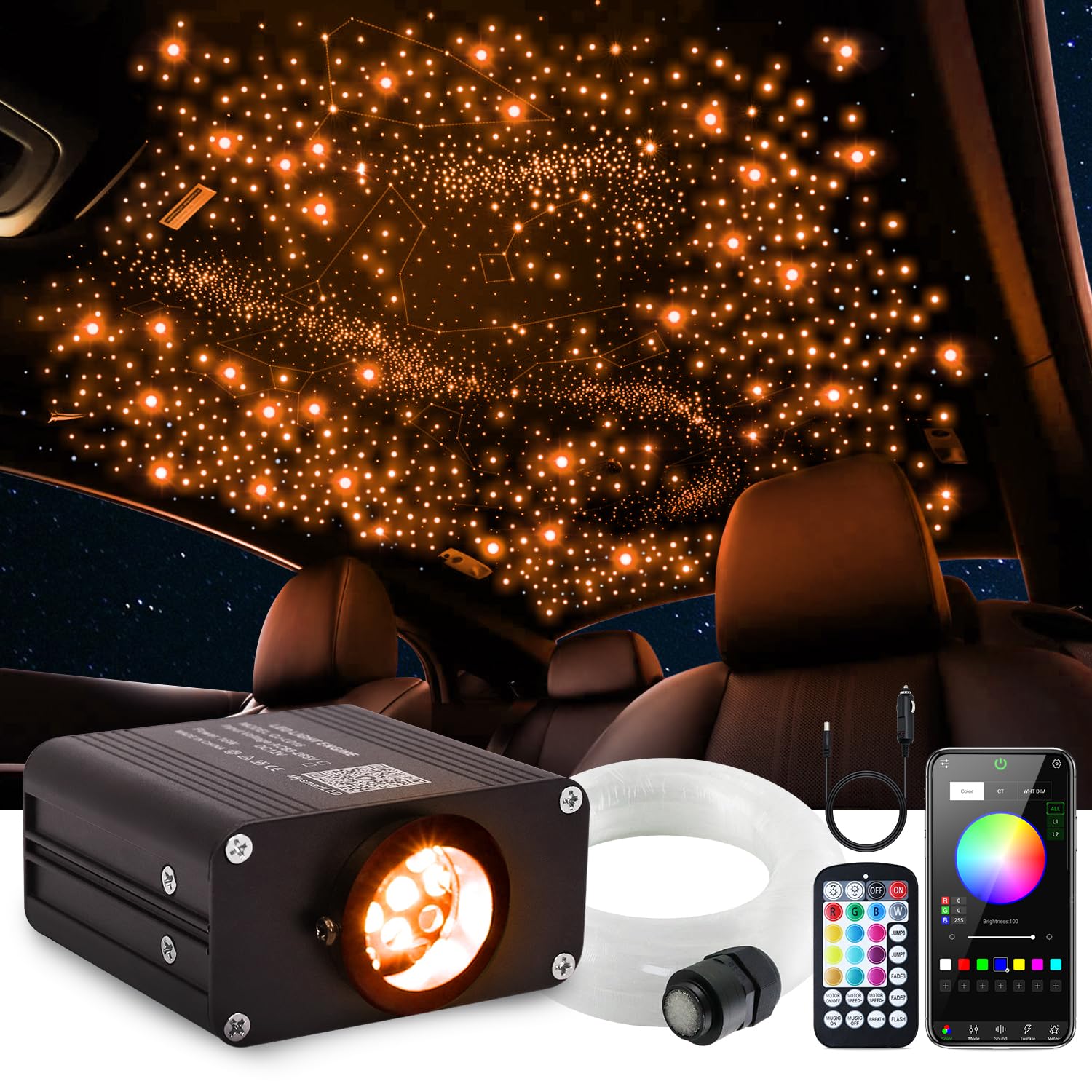 Premium Car Starlight Headliner Kit - 600 RGBW Fiber Optic Lights with Bluetooth App & Remote Control | 16W Twinkle & Sound Activated Star Ceiling Lights for Cars | Perfect for Night Driving, Car Shows & Romantic Ambience