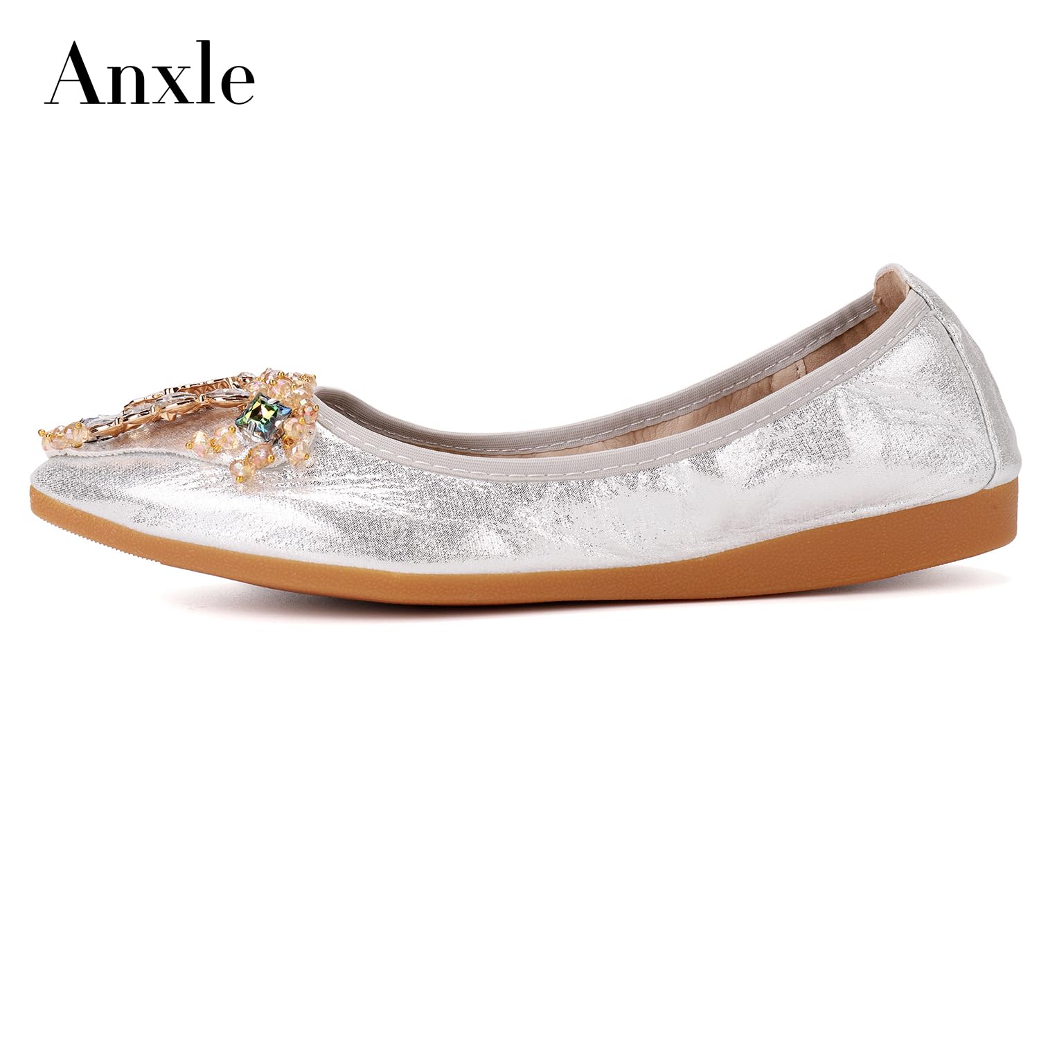 Women's Foldable Ballet Flats with Rhinestones - Comfortable Pointed Toe Slip-On Loafers for Work, Walking & Bridal Occasions | Perfect Dress Shoes for Weddings, Office & Travel