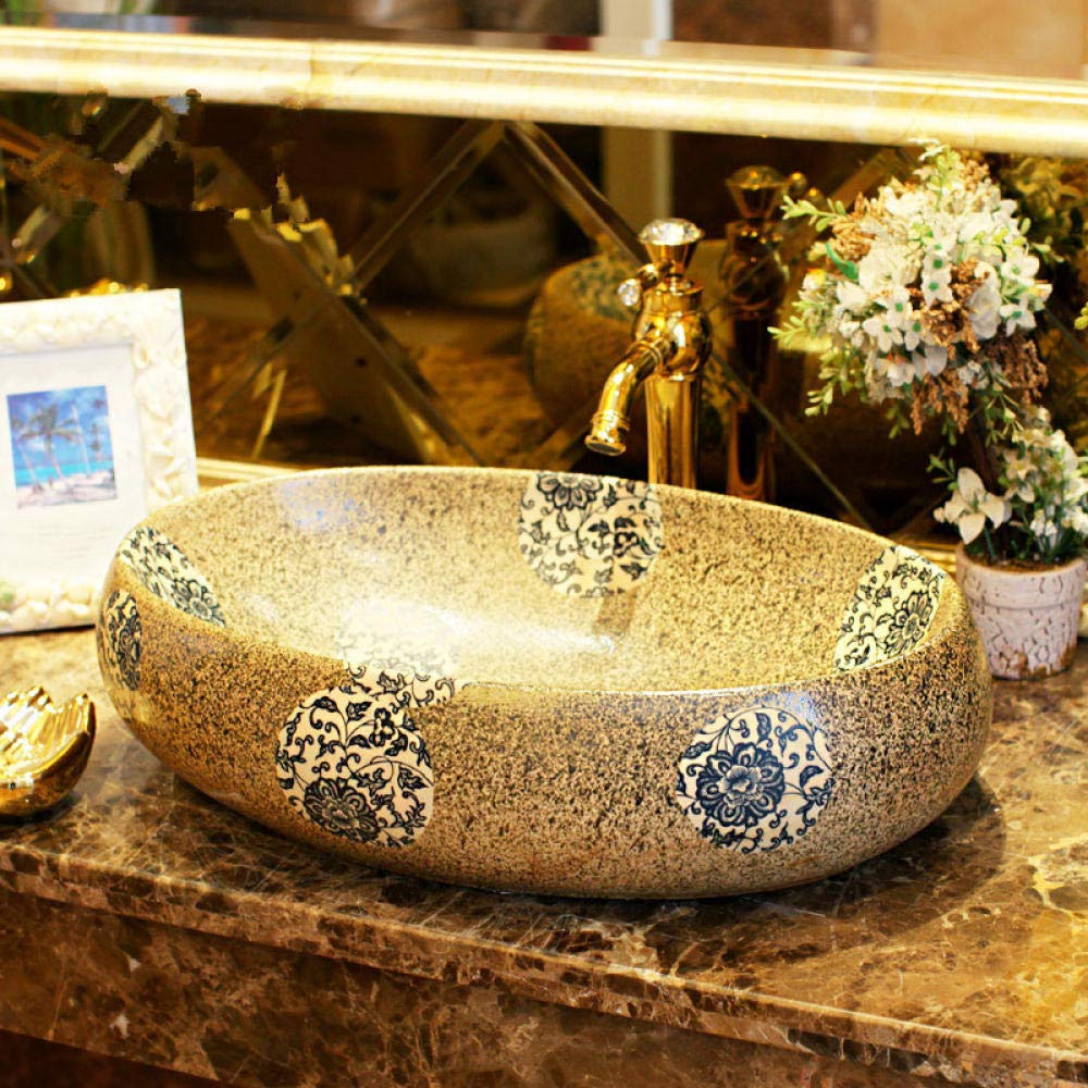 Colorful Oval Porcelain Vessel Sink - Imitation Stone Countertop Bathroom Basin for Modern Vanities | Perfect for Powder Rooms, Guest Baths & Contemporary Home Decor