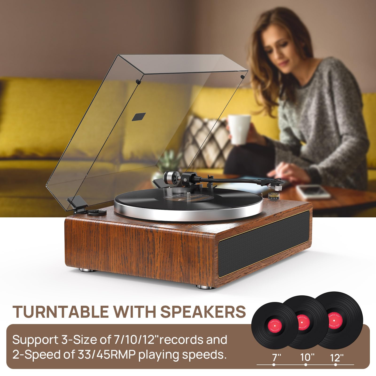 Wireless Bluetooth Turntable with Built-in Speakers - Belt Drive Vinyl Record Player with Auto Stop, 33/45 RPM Speed, RCA & AUX Output - Perfect for Home Entertainment & Vinyl Enthusiasts