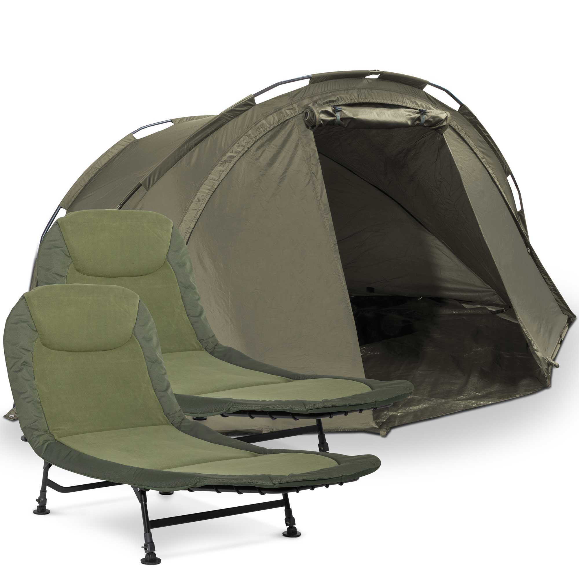 2 Man Fishing Tent - Lightweight Waterproof Bivvy with 2 Bedchairs for Carp Fishing | Portable Shelter for Camping & Outdoor Adventures