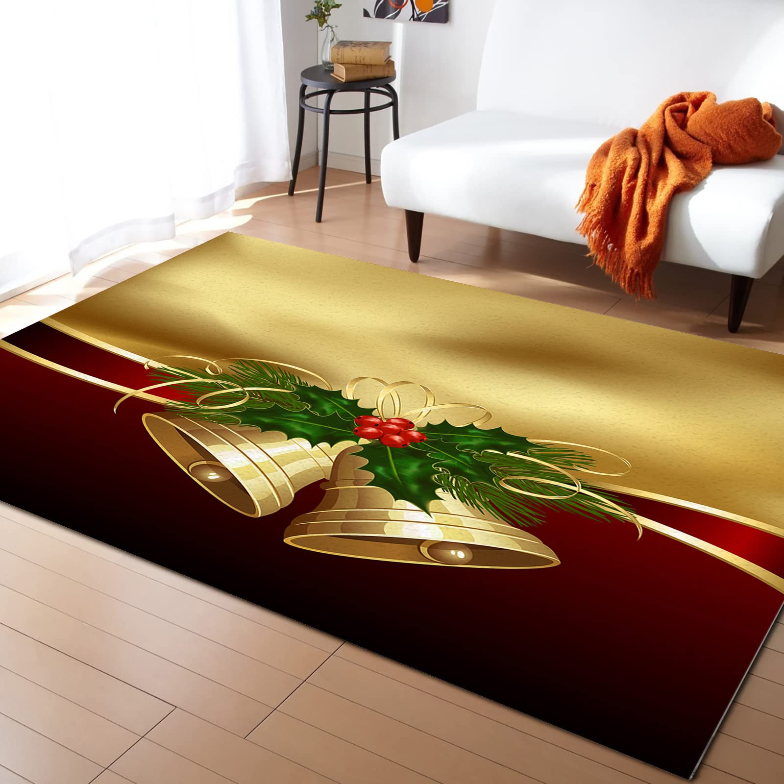 5' x 7' Christmas Area Rug - Luxurious Ombre Red Brown Gold Bell Ribbon Design - Indoor/Outdoor Washable Carpet for Living Room, Bedroom, Bathroom, Kitchen & Hallway - Perfect Holiday Decor for Home, Office & Classroom Festivities