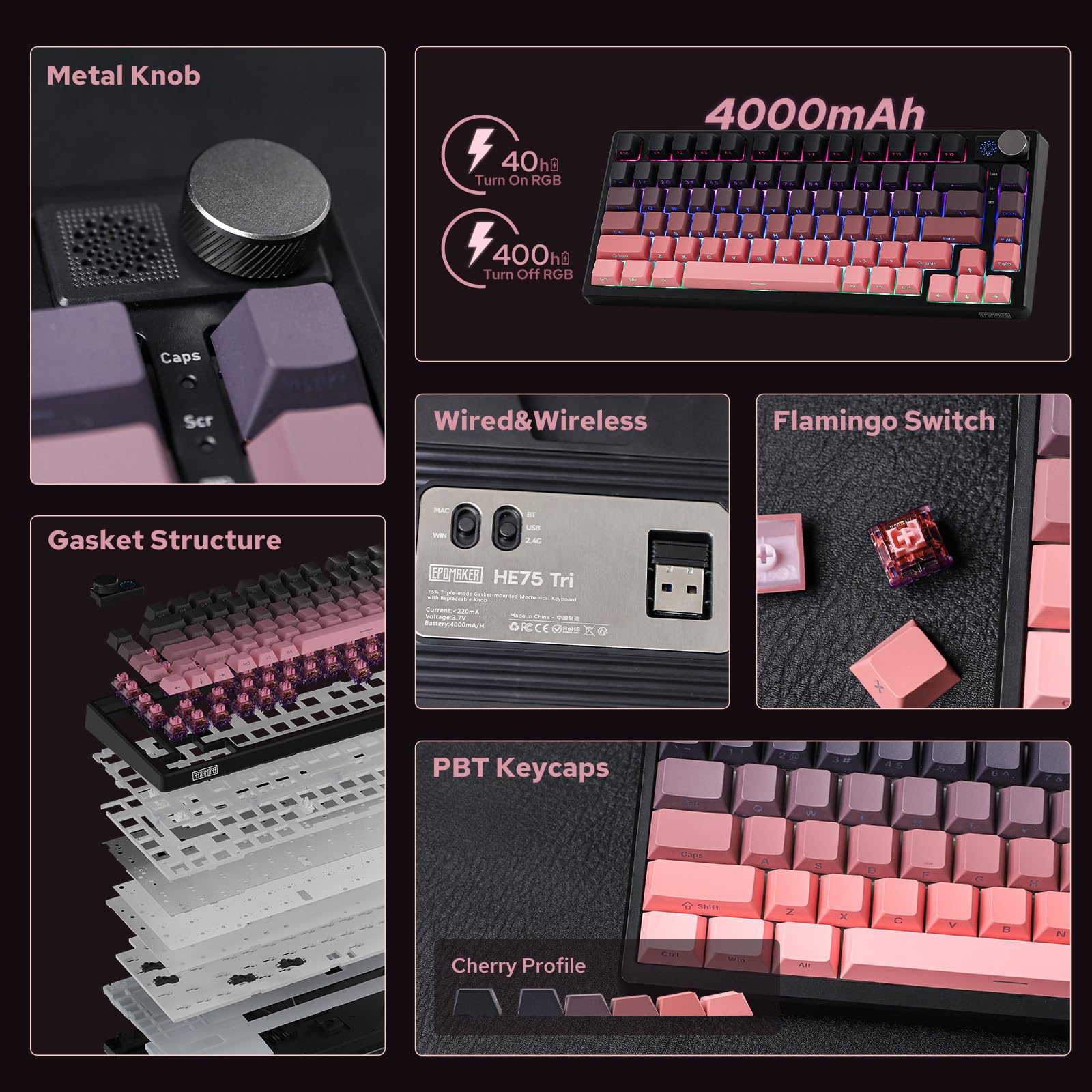 EPOMAKER HE75 Wireless Mechanical Keyboard - RGB Backlit, Hot-Swappable, 4000mAh Battery for Gaming & Office (Black Pink)