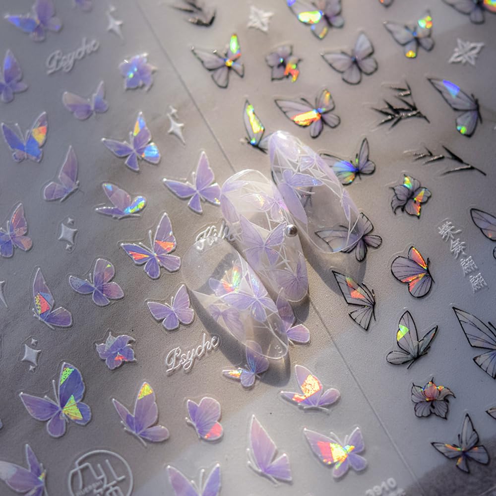2 Sheets Butterfly Nail Stickers for Nail Art - Shell Glitter Nail Decorations, Purple Grey Butterfly Nail Decals with 3D Relief Design - Perfect for DIY Manicures, Parties, and Special Occasions