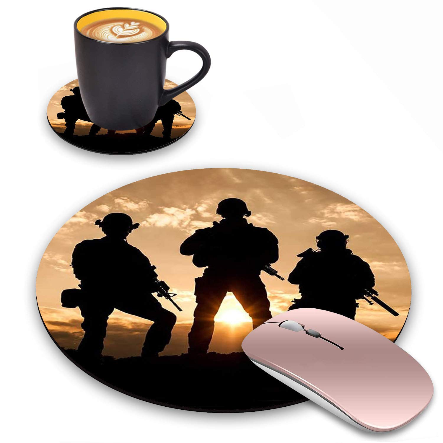 US Army Military Design Round Mouse Pad with Coasters Set - Non-Slip Rubber Base for Laptop & Computer - Perfect for Office, Gaming & Home Workspace Accessories