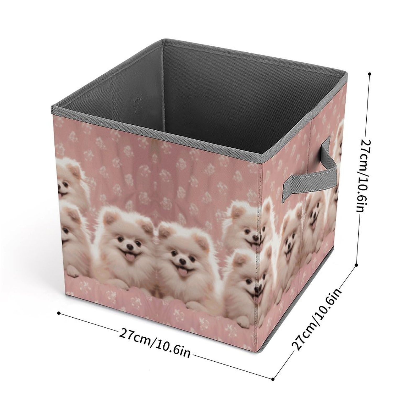 Collapsible Storage Cubes with Handles - 10.6×10.6 Inch Foldable Fabric Bins for Home Organization (Pomeranian Puppy Print) - Perfect for Closet, Nursery, Office & Toy Storage