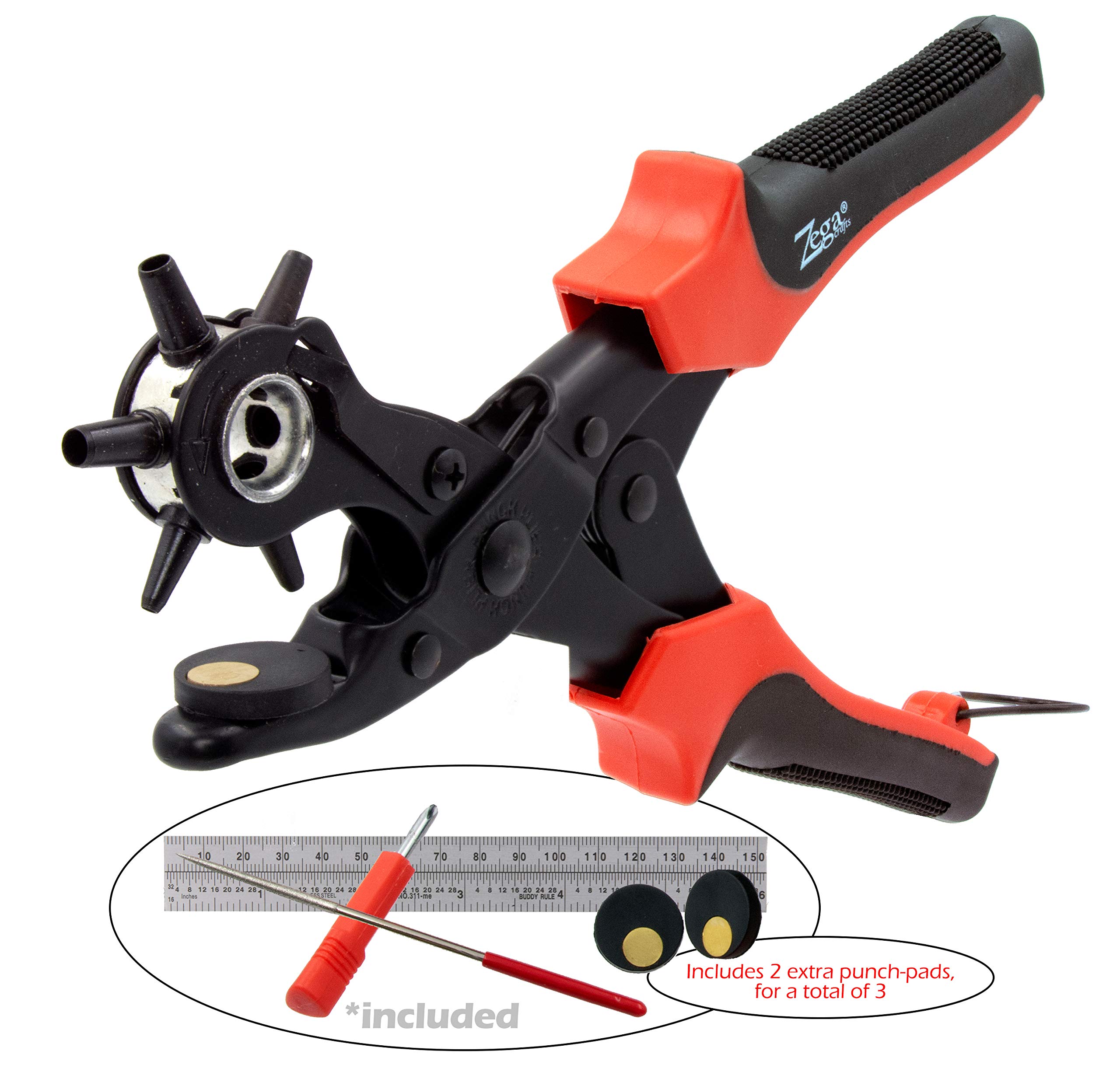 Zega Crafts Revolving Leather Hole Punch Plier Kit - Professional Belt Hole Punch Tool for Leather, Belts, Watches, Vinyl, Plastic & Handbags - Includes 3 Brass Punch Pads & Carborundum Grinding Rod - Perfect for DIY Leather Crafting, Watch Strap Adjustment & Belt Repair
