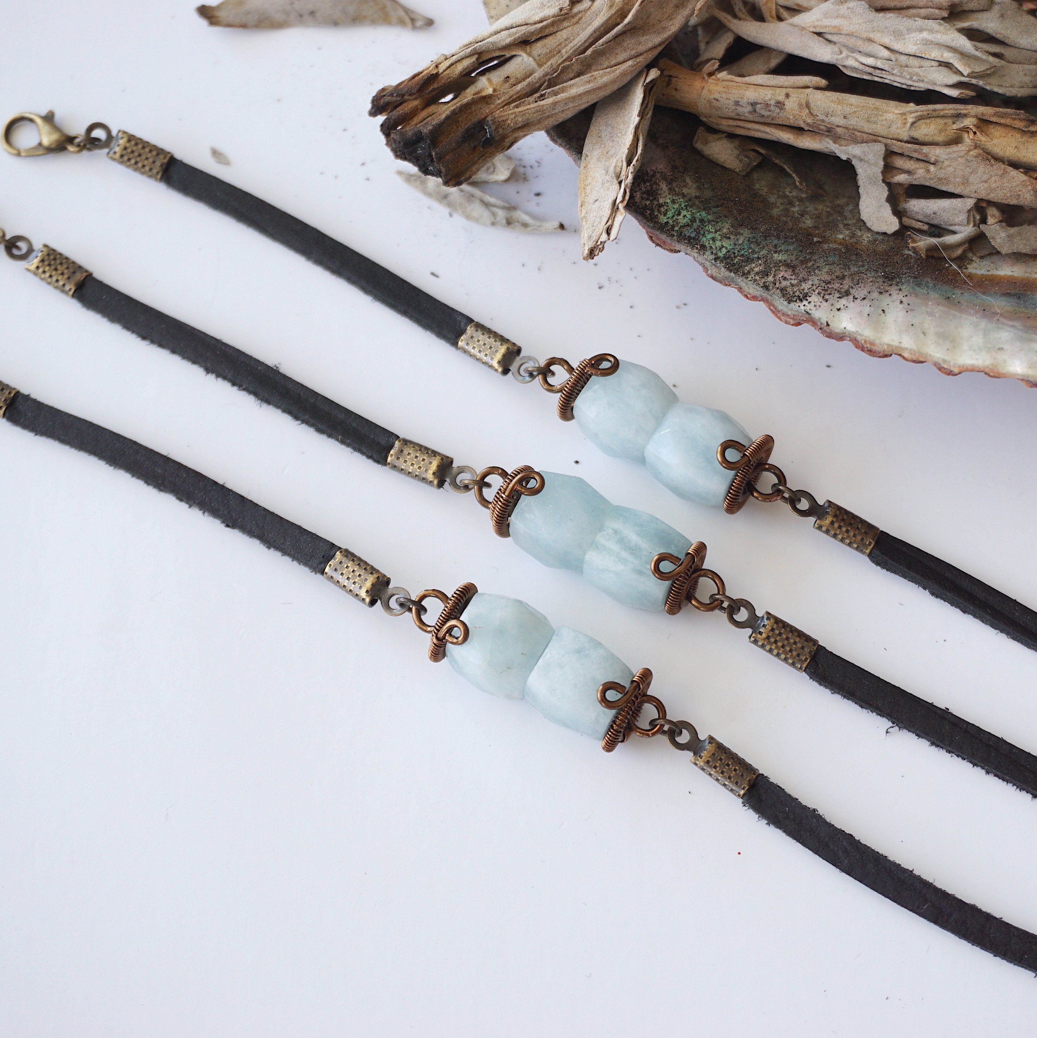 Elegant Aquamarine Bracelet with Black Leather Cord - Perfect for Casual Wear, Gifts & Boho Style Jewelry