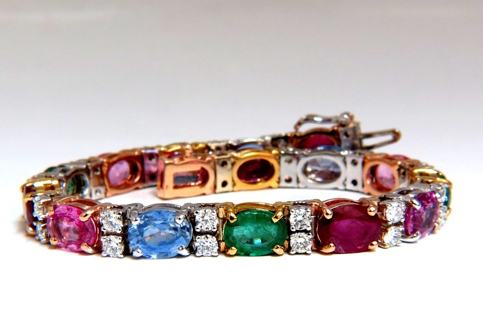 22.90ct Natural Sapphire Emerald Ruby Diamond Tennis Bracelet in 14K Gold - Elegant Jewelry for Women, Perfect for Weddings, Parties & Special Occasions