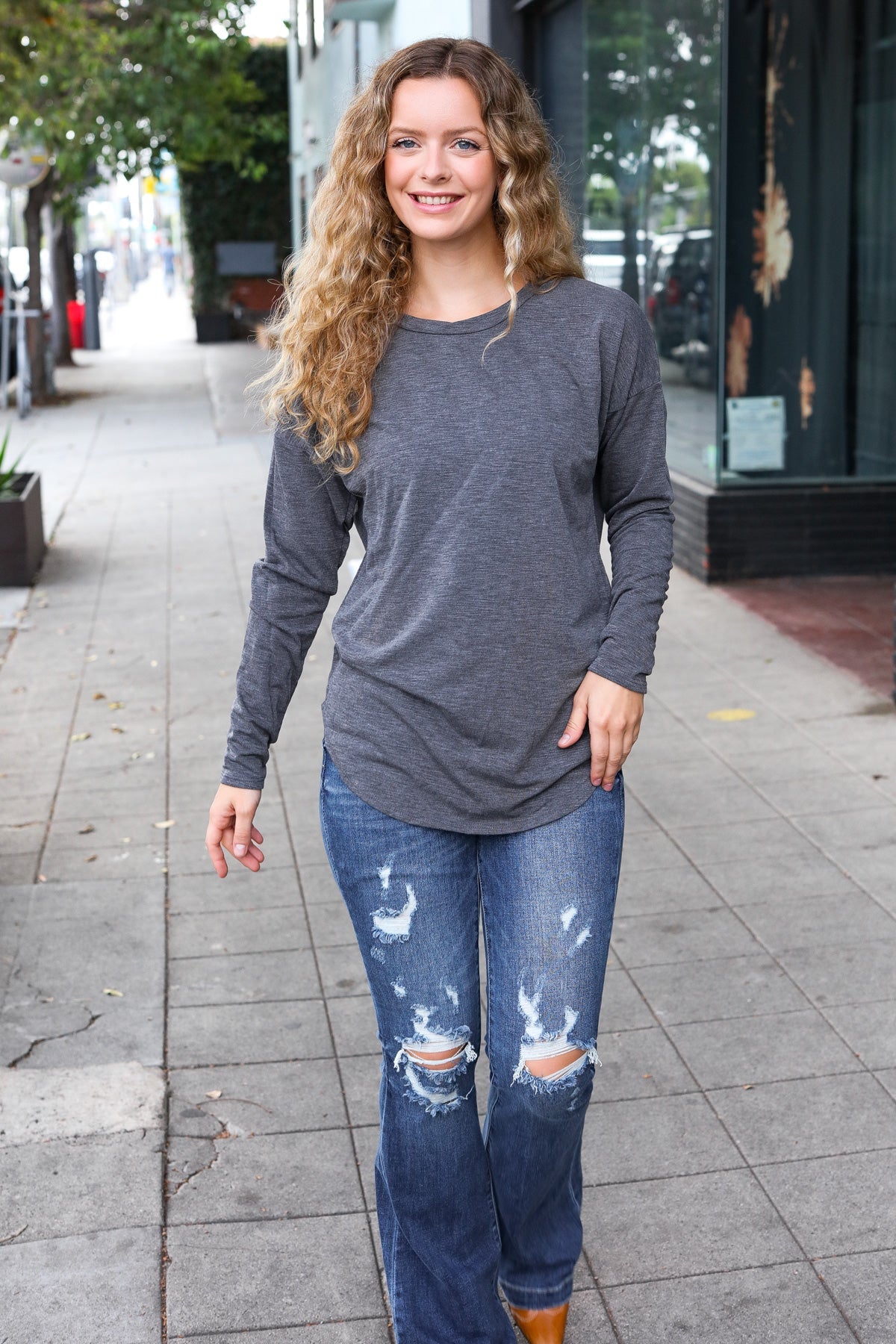 Stylish Solid Grey Fitted Long Sleeve Terry Pullover Sweatshirt for Women | Cozy Casual Wear for Fall & Winter | Perfect for Lounging, Running Errands & Coffee Dates