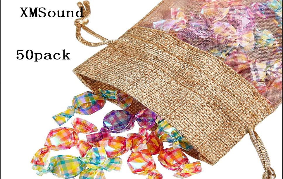 XMSound 50 Pack 5x7 Inch Linen Burlap Drawstring Bags - Sheer Organza Gift Bags for Wedding Favors, Party Decor, Cosmetic Samples & DIY Crafts | Perfect for Bridal Showers, Baby Showers & Holiday Gift Packaging