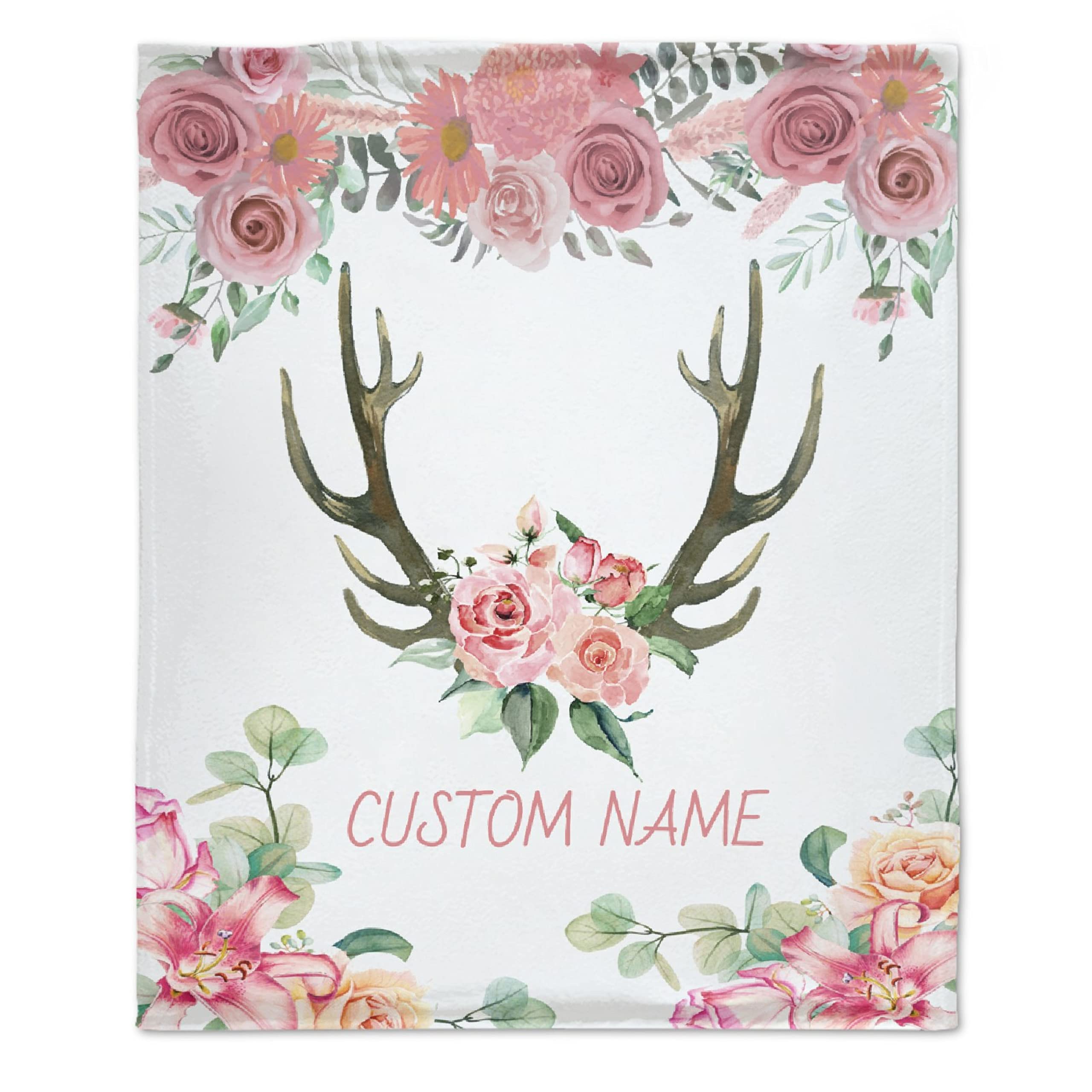 Personalized Baby Blanket with Name - Deer Horns & Floral Pink Design - Custom Fleece Blanket for Girls, Boys, Kids - Perfect Baby Shower, Birthday Gift for Daughter, Granddaughter, Niece - 120